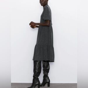 ZARA knit LACK SOFT TOUCH DRESS High Neck Ruffled Hem Short Sleeve Puff Sleeve